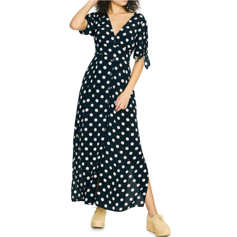 Sanctuary Women Black Polka Dot Tie Waist Side Slit Love Worn‎ Maxi Dress Size 0